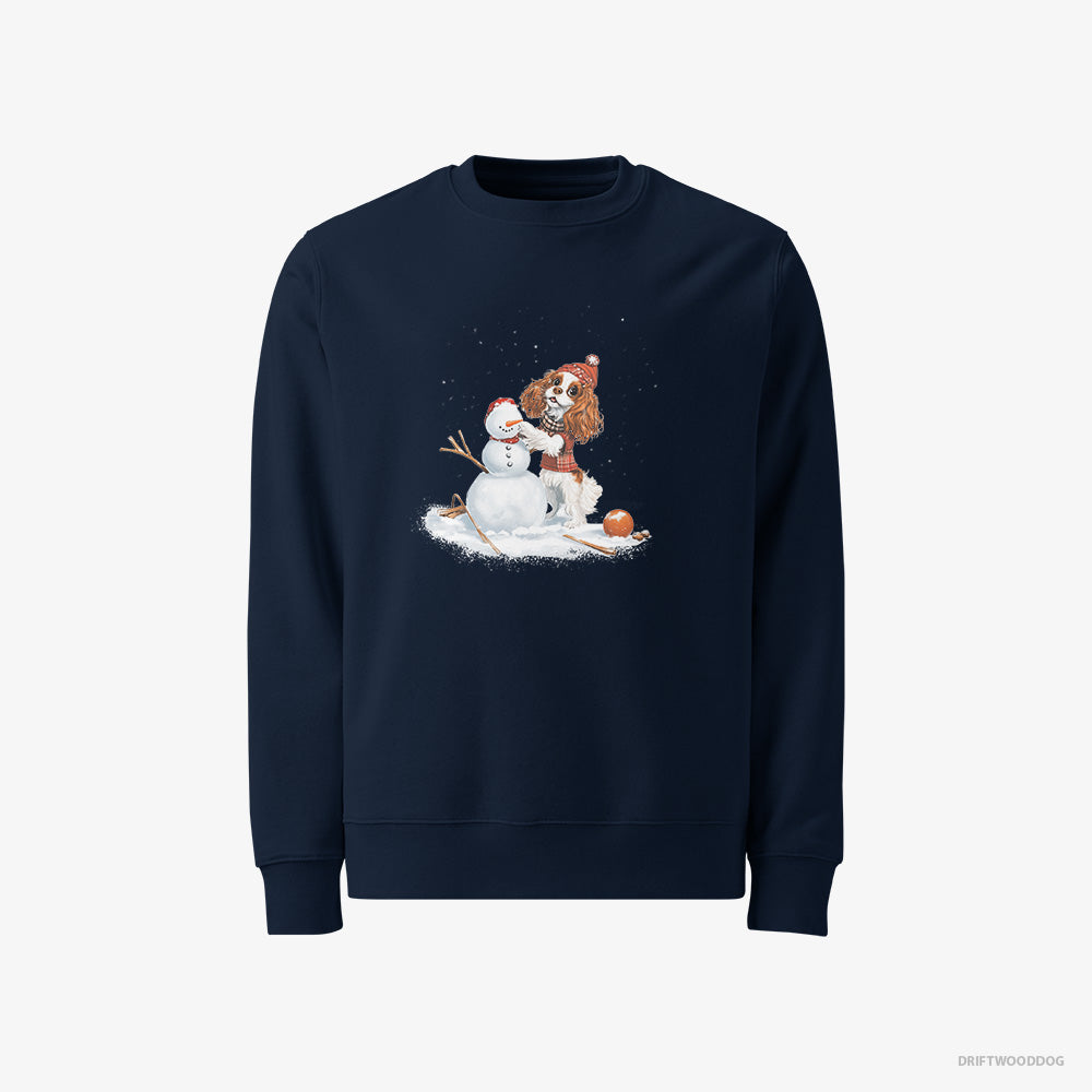 Cavalier King Charles Spaniel Sweatshirt – Men Navy Sweatshirt Classic – Crafting a Snowman (on White Background)