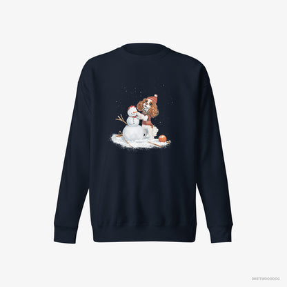 Cavalier King Charles Spaniel Sweatshirt – Men Navy Sweatshirt Eco-Friendly – Crafting a Snowman (on White Background)