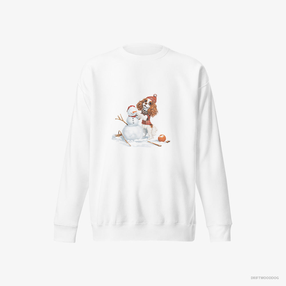 Cavalier King Charles Spaniel Sweatshirt – Women White Sweatshirt Eco-Friendly – Crafting a Snowman (on White Background)