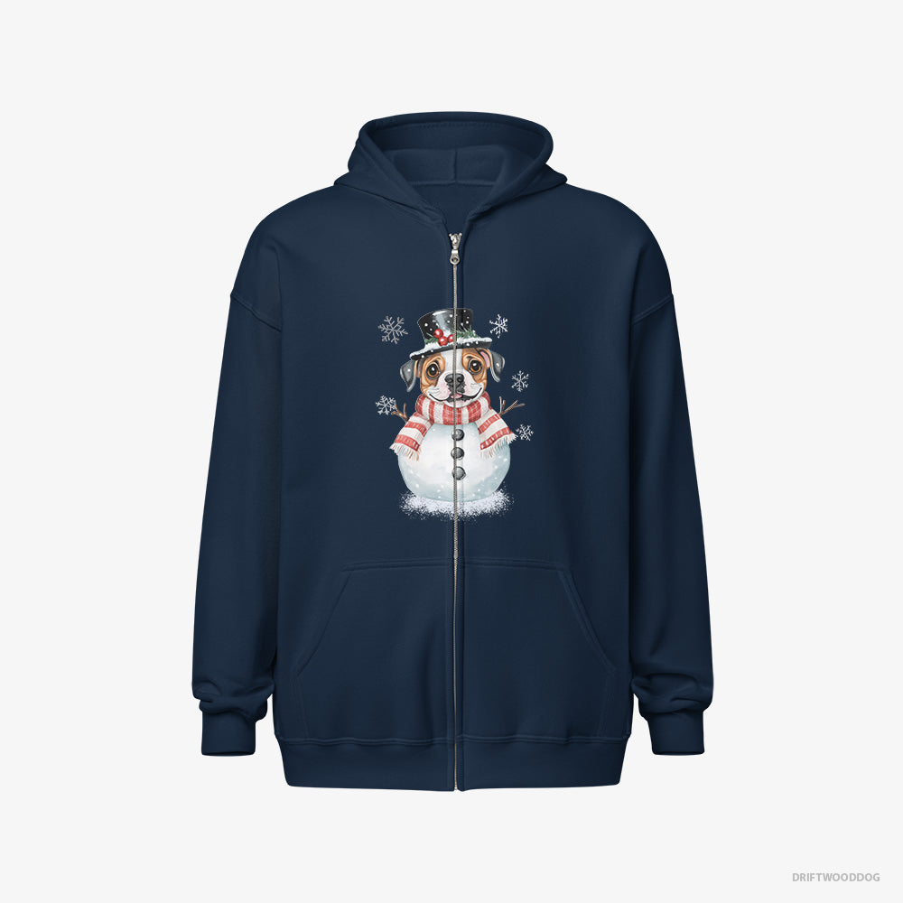 Bulldog Hoodie – Women Navy Hoodie Full-Zip – in a Full Snowman Getup (on White Background)