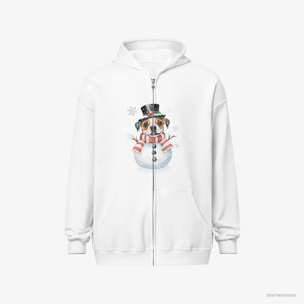 Bulldog Hoodie – Men White Hoodie Full-Zip – in a Full Snowman Getup (on White Background)