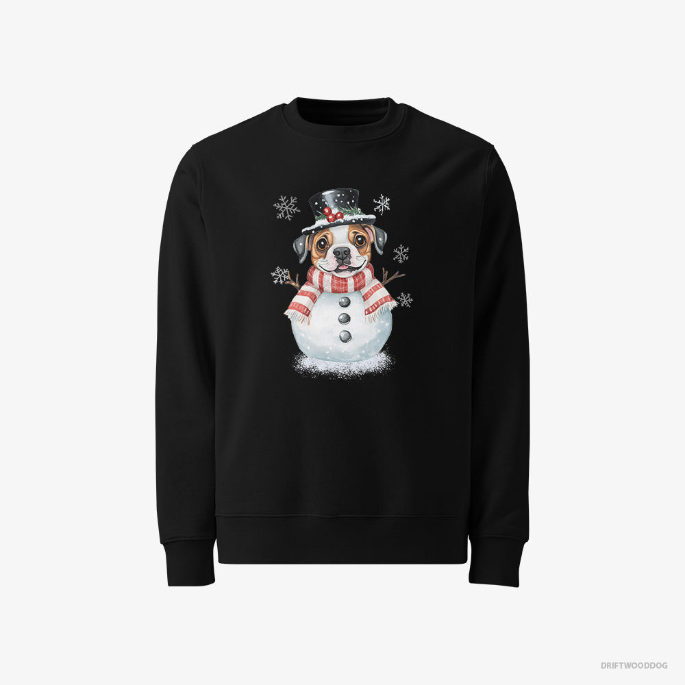 Bulldog Sweatshirt – Women Black Sweatshirt Classic – in a Full Snowman Getup (on White Background)