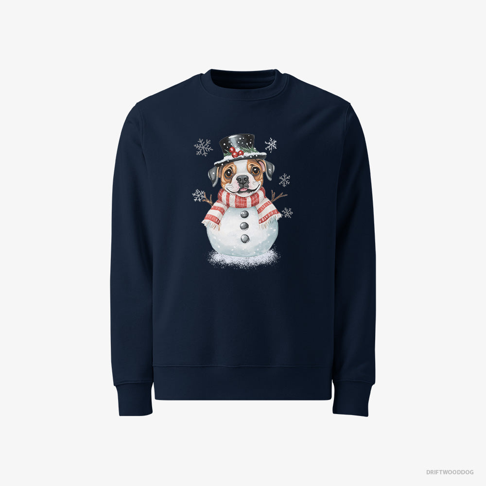 Bulldog Sweatshirt – Women Navy Sweatshirt Classic – in a Full Snowman Getup (on White Background)