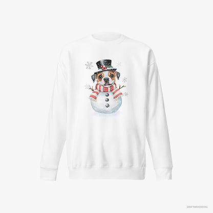 Bulldog Sweatshirt – Women White Sweatshirt Eco-Friendly – in a Full Snowman Getup (on White Background)