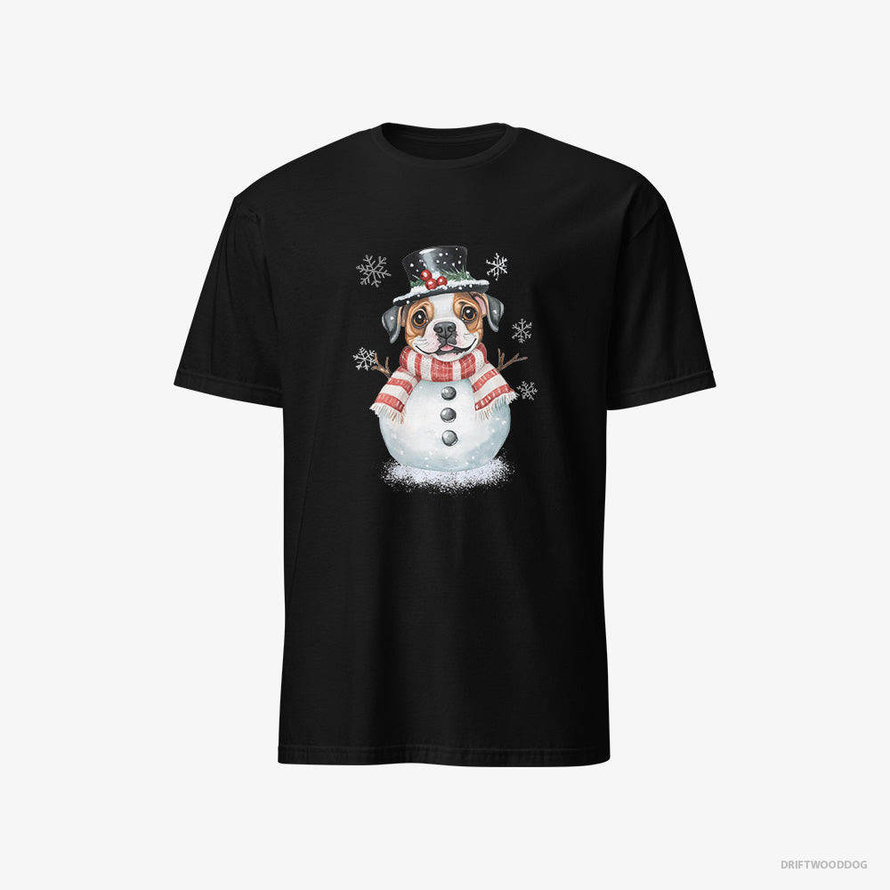 Bulldog T-Shirt – Women Black T-Shirt Classic – in a Full Snowman Getup (on White Background)