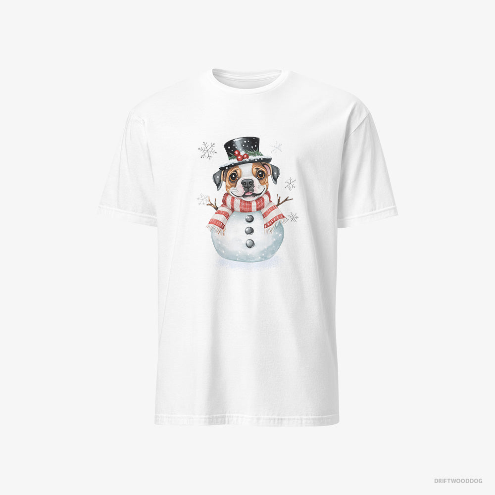 Bulldog T-Shirt – Women White T-Shirt Classic – in a Full Snowman Getup (on White Background)