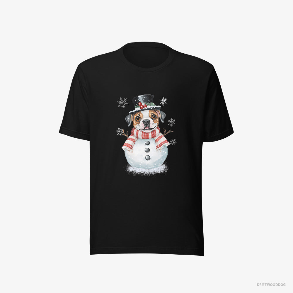 Bulldog T-Shirt – Women Black T-Shirt Eco-Friendly – in a Full Snowman Getup (on White Background)