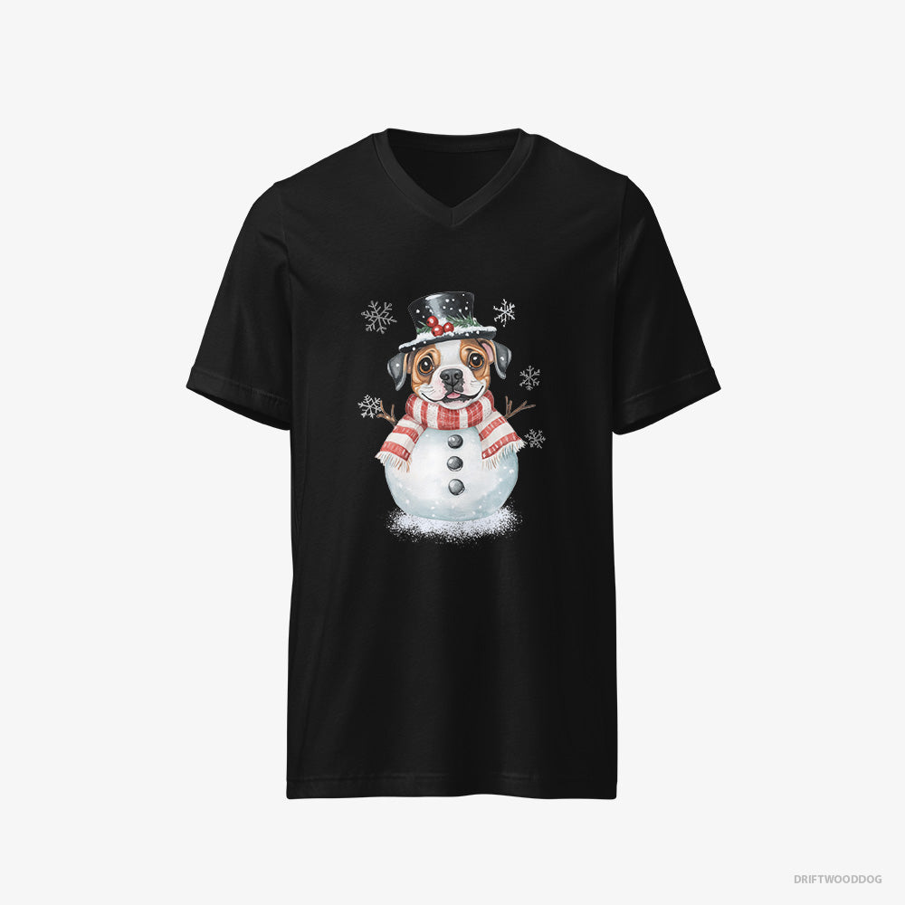 Bulldog T-Shirt – Women Black T-Shirt V-Neck – in a Full Snowman Getup (on White Background)