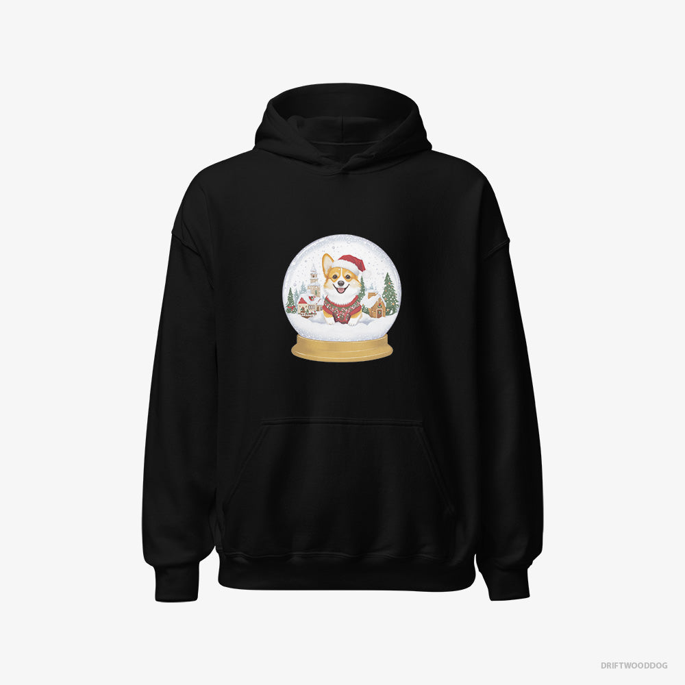 Corgi Hoodie – Women Black Hoodie Classic – in a Christmas Snow Globe (on White Background)