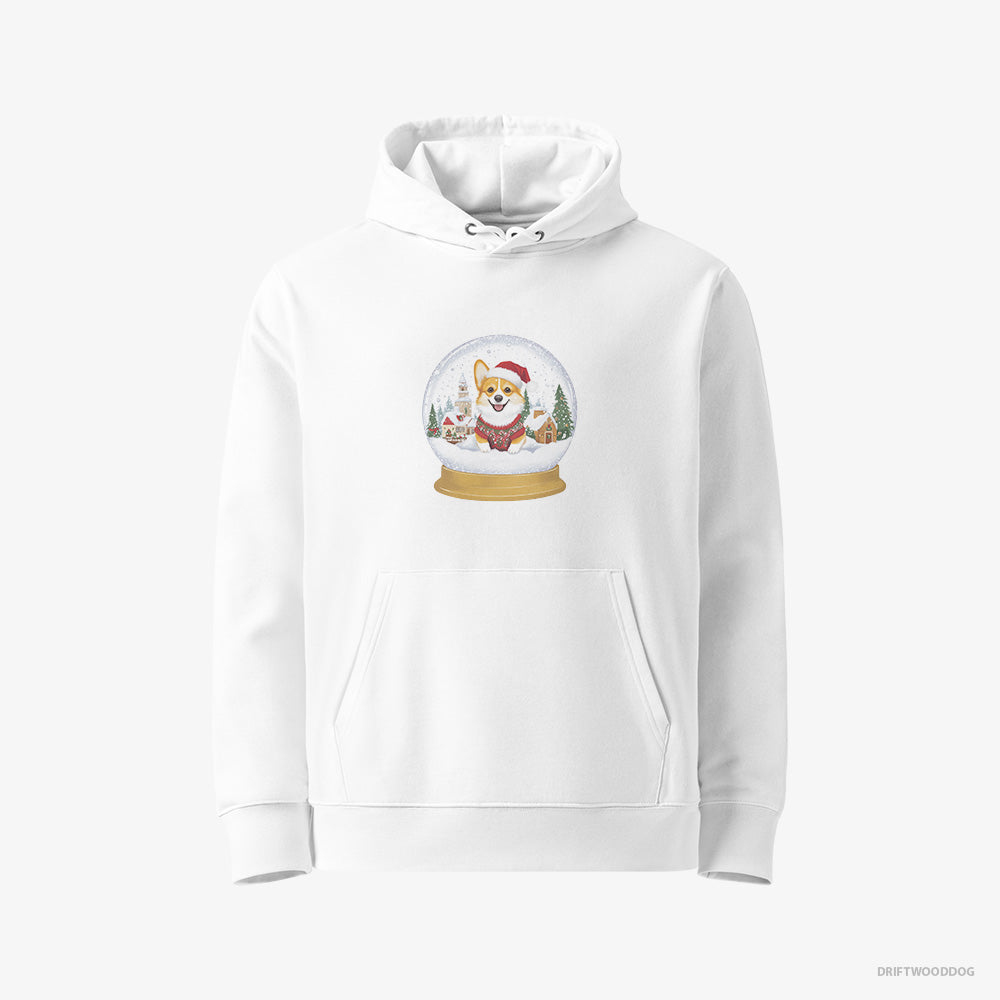 Corgi Hoodie – Men White Hoodie Eco-Friendly – in a Christmas Snow Globe (on White Background)