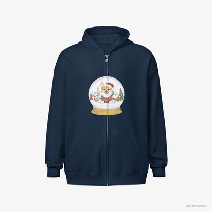 Corgi Hoodie – Men Navy Hoodie Full-Zip – in a Christmas Snow Globe (on White Background)