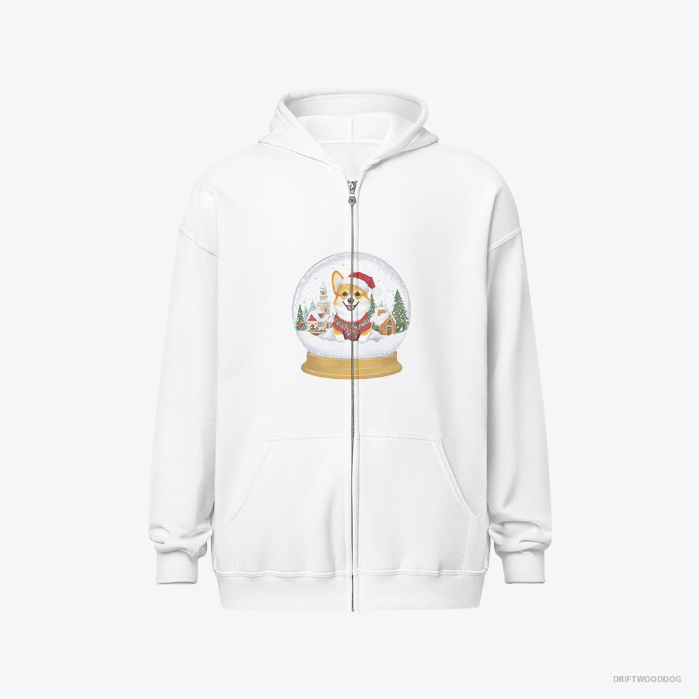 Corgi Hoodie – Women White Hoodie Full-Zip – in a Christmas Snow Globe (on White Background)