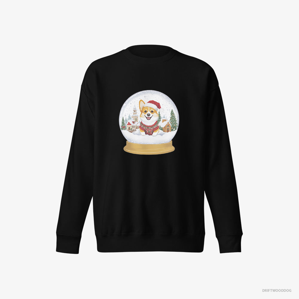 Corgi Sweatshirt – Women Black Sweatshirt Eco-Friendly – in a Christmas Snow Globe (on White Background)