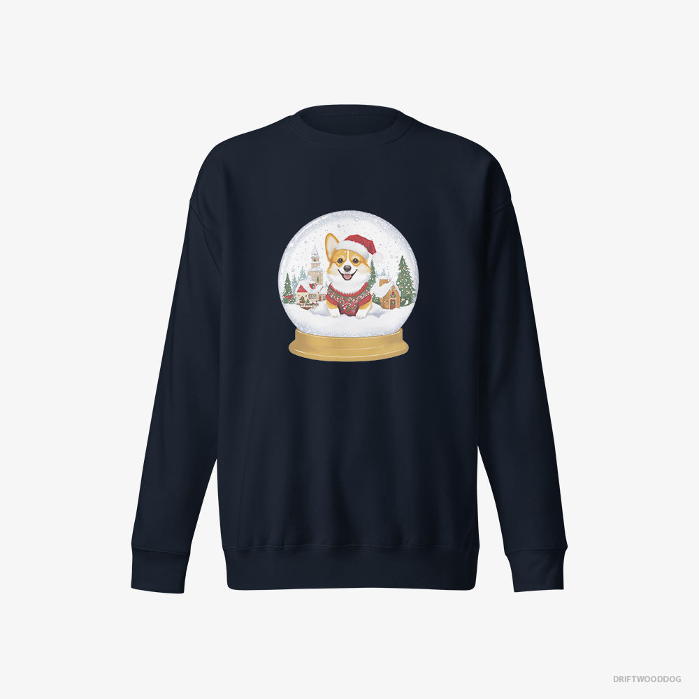 Corgi Sweatshirt – Women Navy Sweatshirt Eco-Friendly – in a Christmas Snow Globe (on White Background)