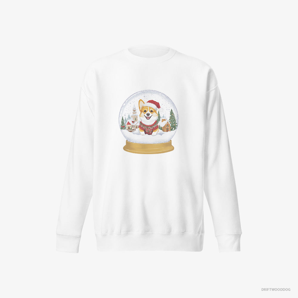 Corgi Sweatshirt – Women White Sweatshirt Eco-Friendly – in a Christmas Snow Globe (on White Background)