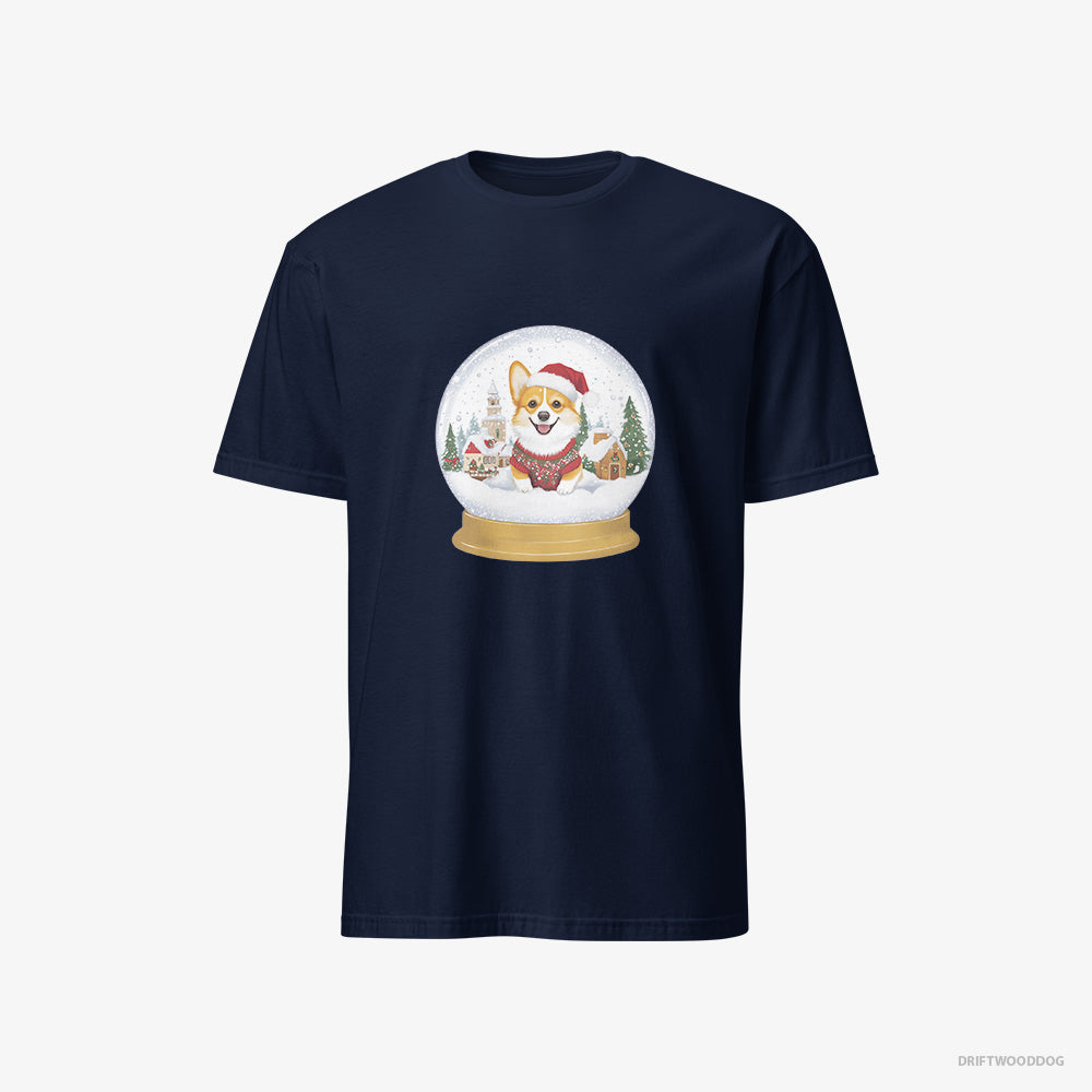 Corgi T-Shirt – Men Navy T-Shirt Classic – in a Christmas Snow Globe (on White Background)