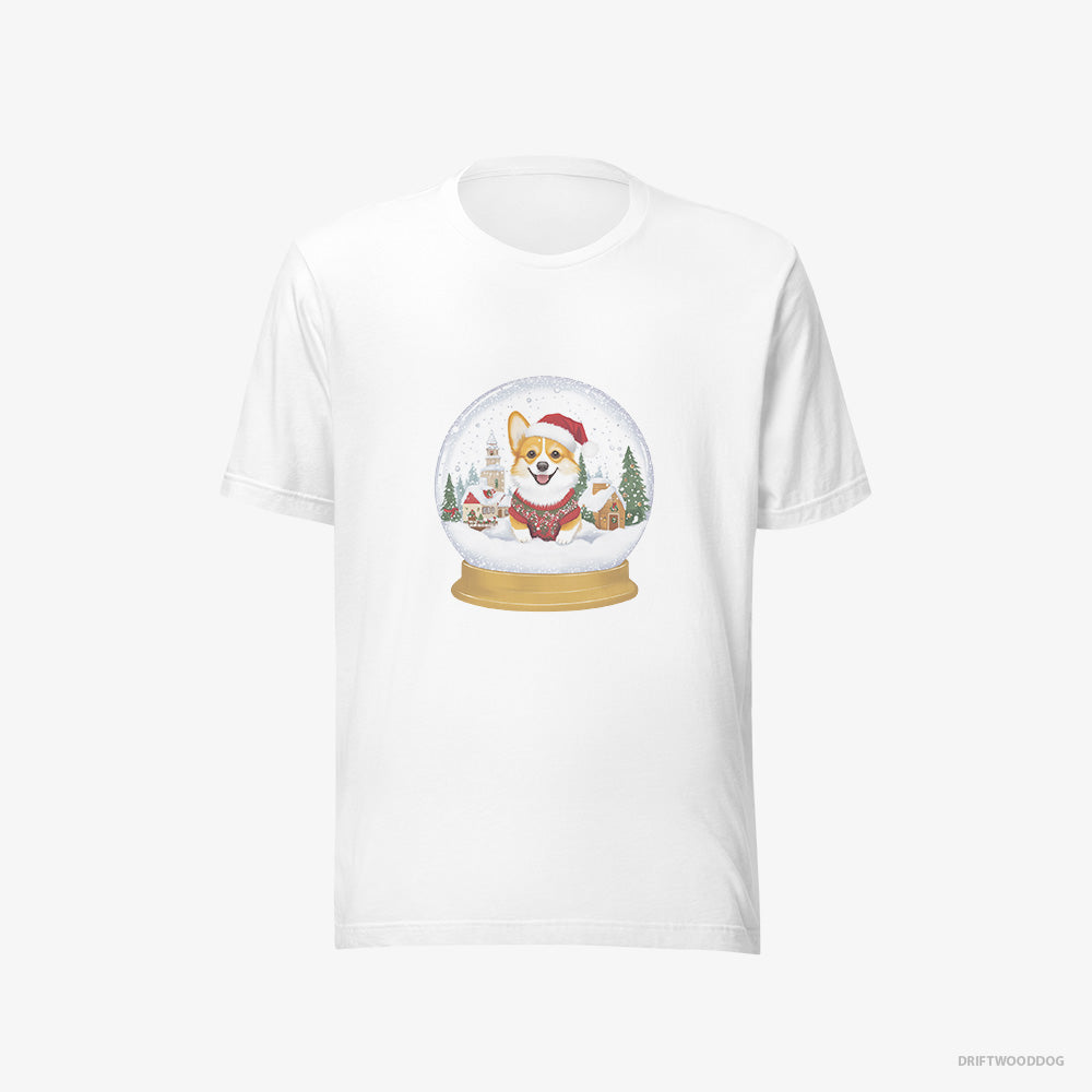 Corgi T-Shirt – Men White T-Shirt Eco-Friendly – in a Christmas Snow Globe (on White Background)