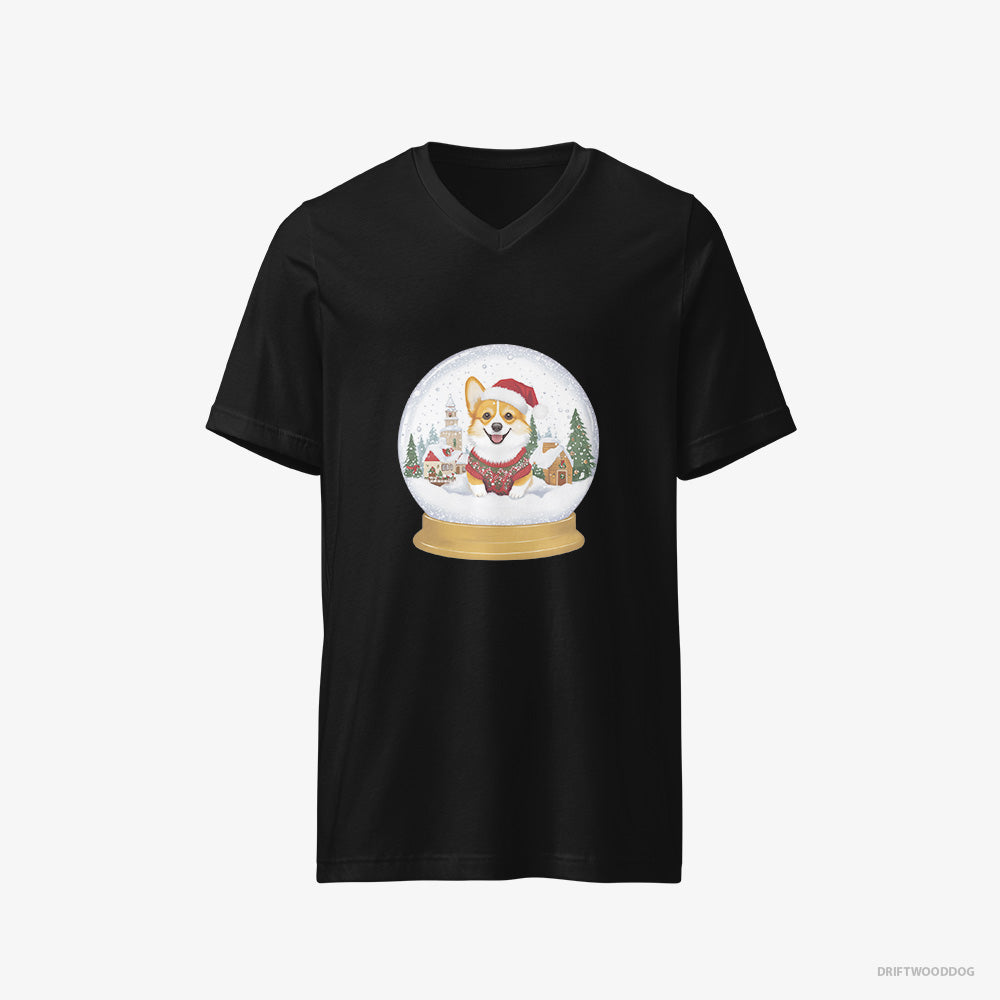 Corgi T-Shirt – Women Black T-Shirt V-Neck – in a Christmas Snow Globe (on White Background)