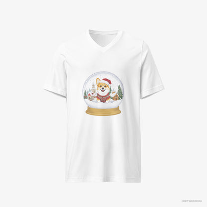 Corgi T-Shirt – Men White T-Shirt V-Neck – in a Christmas Snow Globe (on White Background)