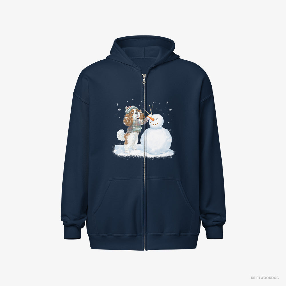 Cavalier King Charles Spaniel Hoodie – Men Navy Hoodie Full-Zip – Sculpting a Snowman (on White Background)