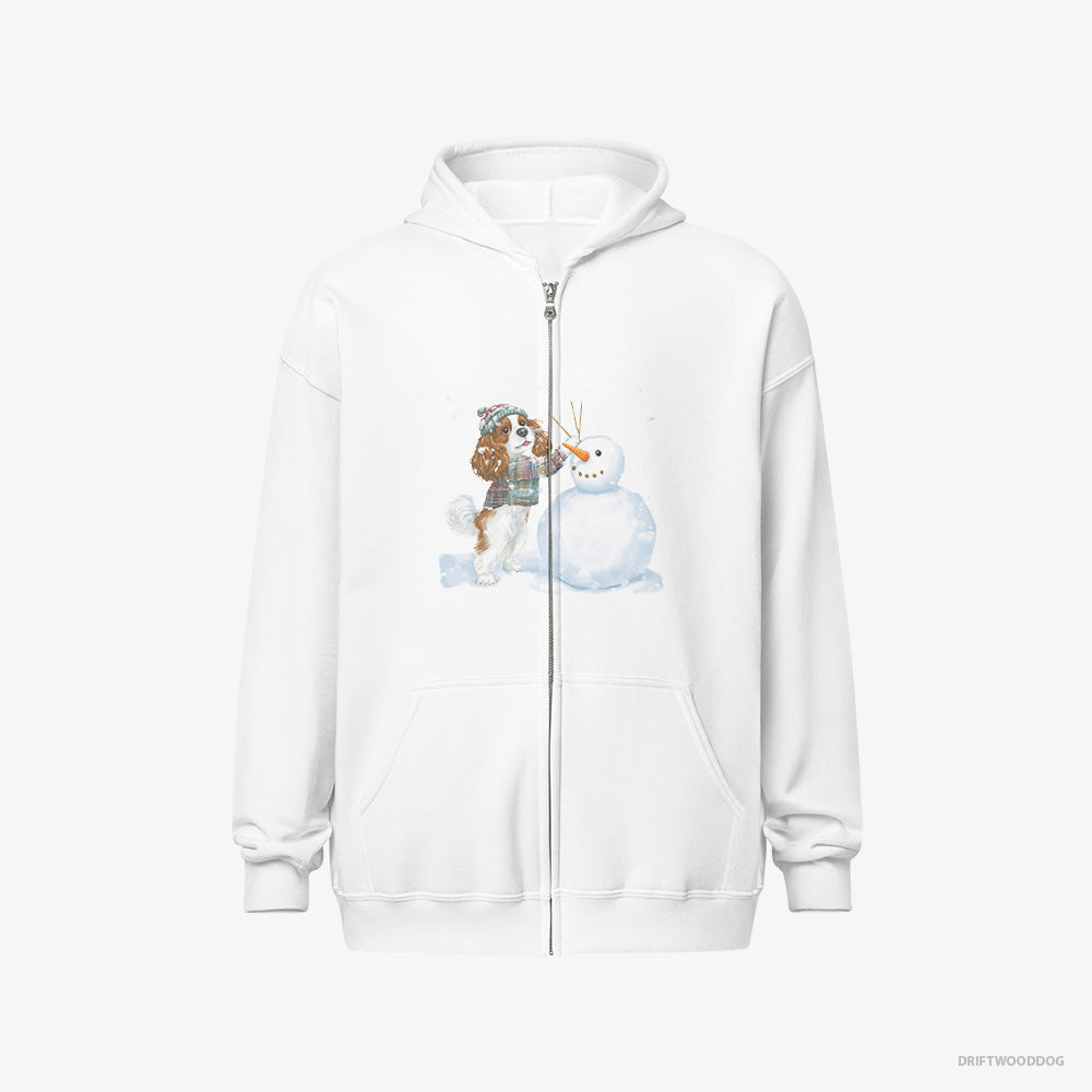 Cavalier King Charles Spaniel Hoodie – Men White Hoodie Full-Zip – Sculpting a Snowman (on White Background)