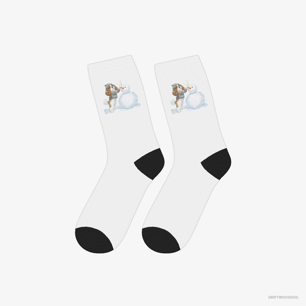 Cavalier King Charles Spaniel Socks – Unisex White Socks Classic – Sculpting a Snowman (on White Background)