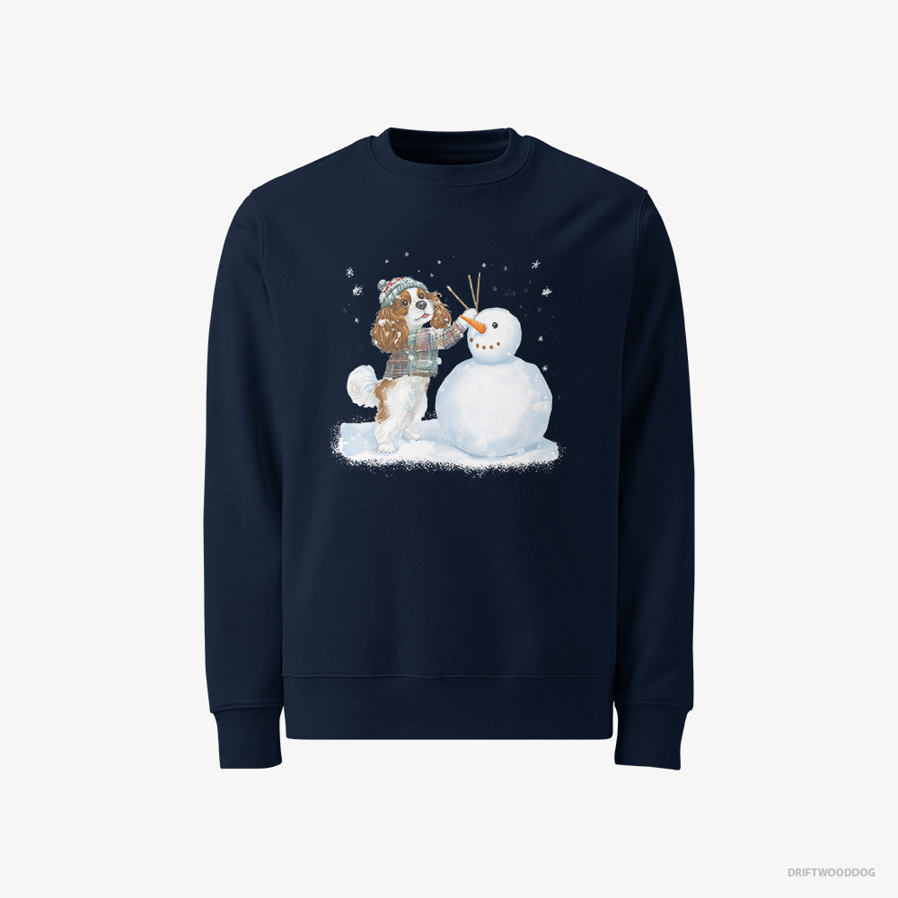 Cavalier King Charles Spaniel Sweatshirt – Men Navy Sweatshirt Classic – Sculpting a Snowman (on White Background)