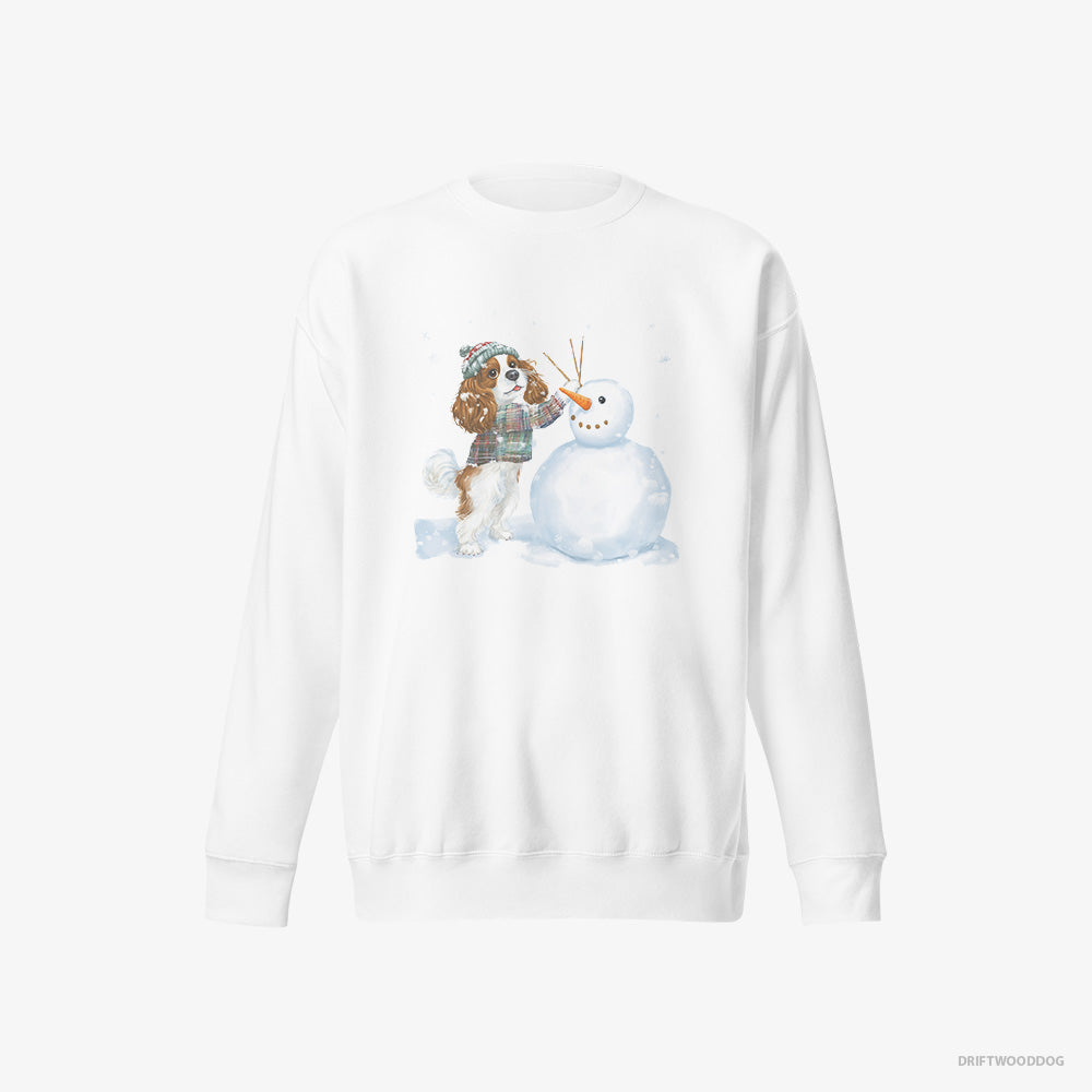 Cavalier King Charles Spaniel Sweatshirt – Men White Sweatshirt Eco-Friendly – Sculpting a Snowman (on White Background)