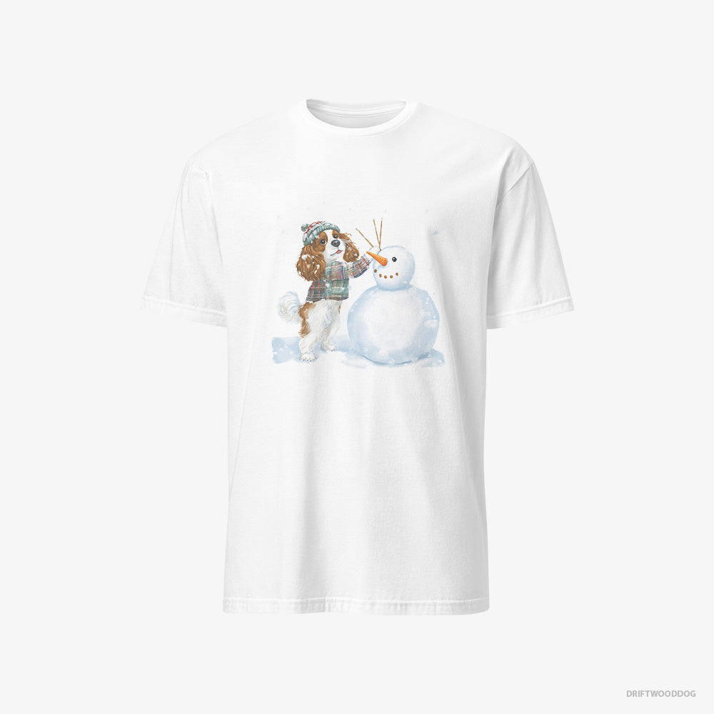 Cavalier King Charles Spaniel T-Shirt – Women White T-Shirt Classic – Sculpting a Snowman (on White Background)