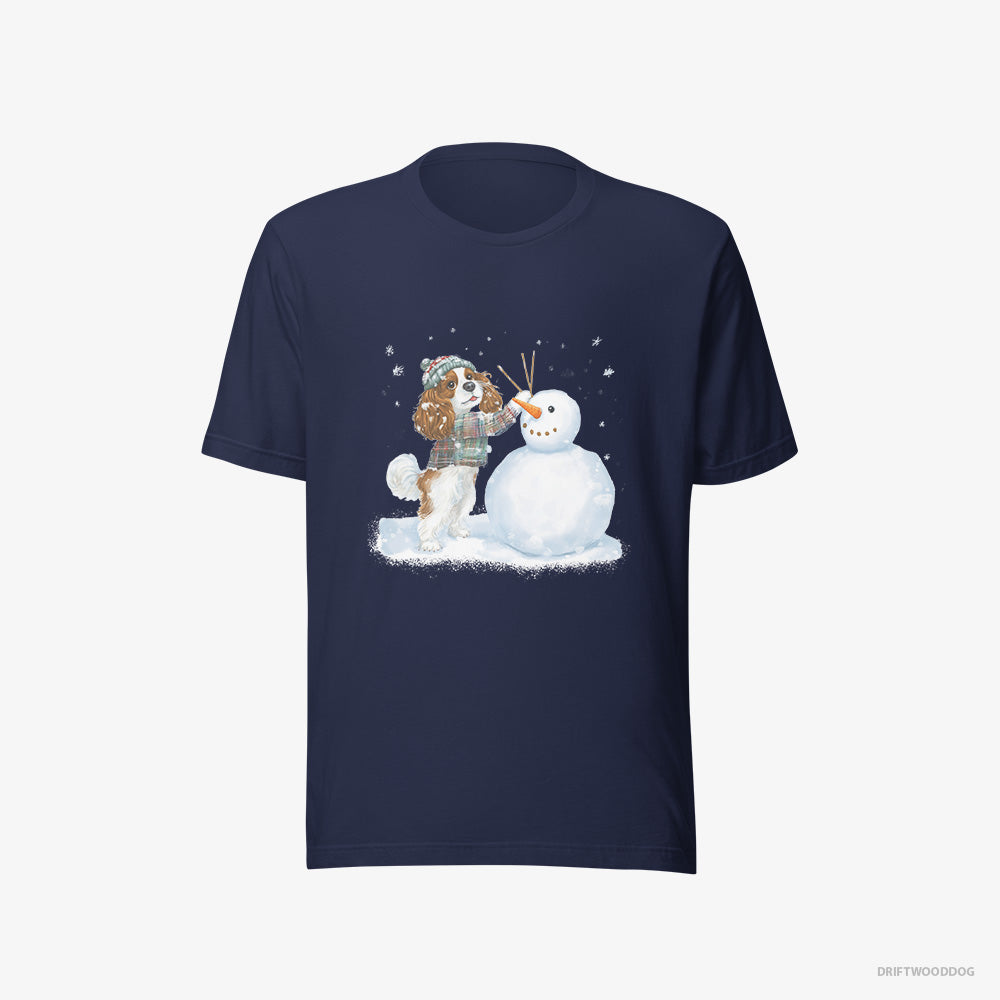 Cavalier King Charles Spaniel T-Shirt – Men Navy T-Shirt Eco-Friendly – Sculpting a Snowman (on White Background)