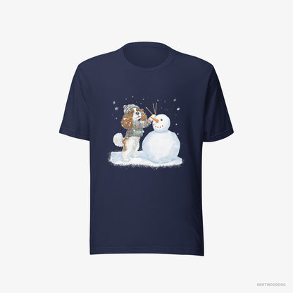 Cavalier King Charles Spaniel T-Shirt – Men Navy T-Shirt Eco-Friendly – Sculpting a Snowman (on White Background)