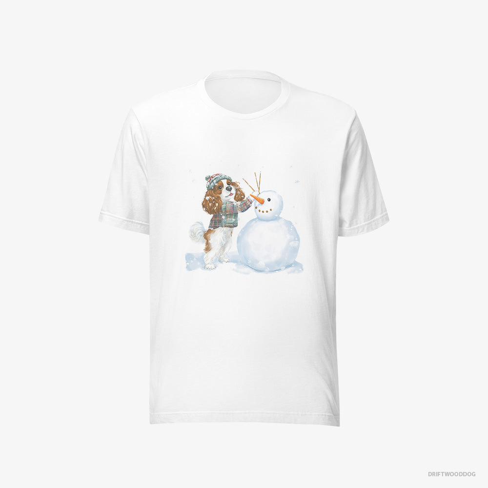 Cavalier King Charles Spaniel T-Shirt – Women White T-Shirt Eco-Friendly – Sculpting a Snowman (on White Background)