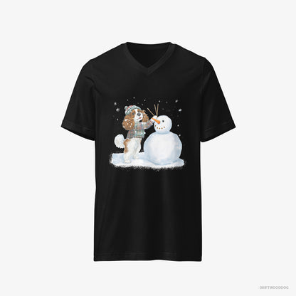 Cavalier King Charles Spaniel T-Shirt – Men Black T-Shirt V-Neck – Sculpting a Snowman (on White Background)