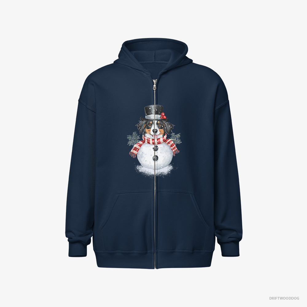 Border Collie Hoodie – Men Navy Hoodie Full-Zip – Dressed as a Snowman (on White Background)