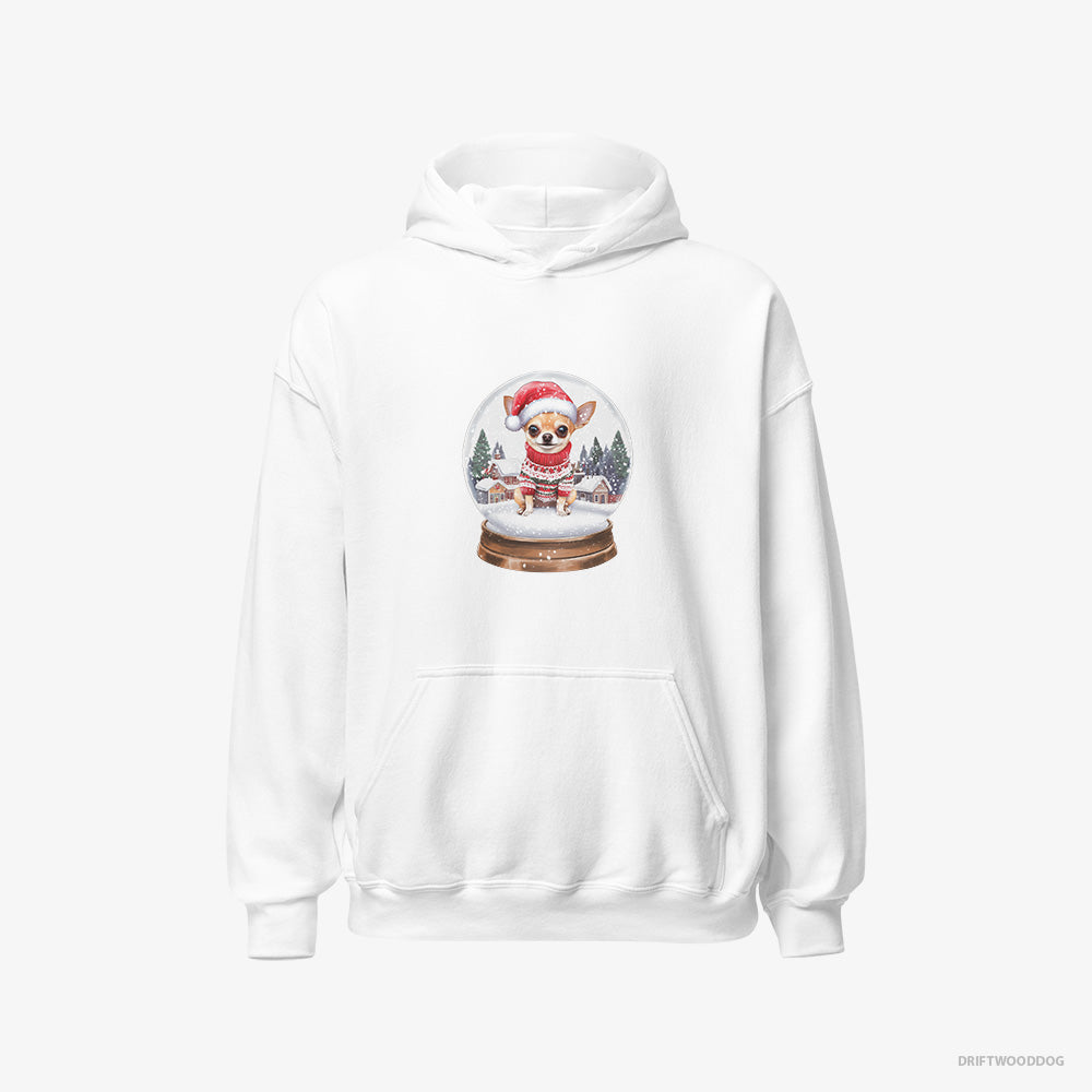 Chihuahua Hoodie – Men White Hoodie Classic – in a Festive Snow Globe (on White Background)