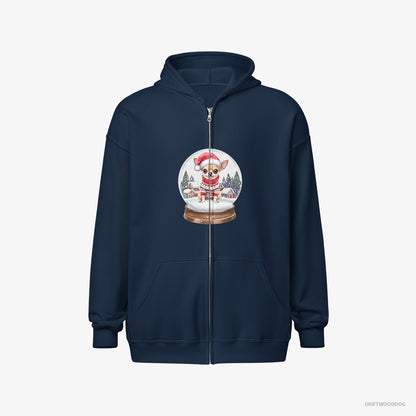 Chihuahua Hoodie – Men Navy Hoodie Full-Zip – in a Festive Snow Globe (on White Background)