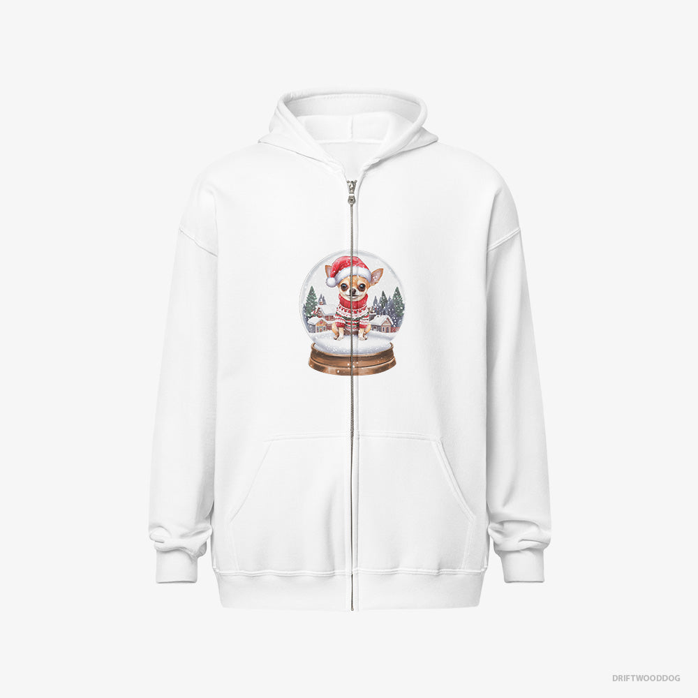 Chihuahua Hoodie – Men White Hoodie Full-Zip – in a Festive Snow Globe (on White Background)