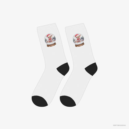 Chihuahua Socks – Unisex White Socks Classic – in a Festive Snow Globe (on White Background)