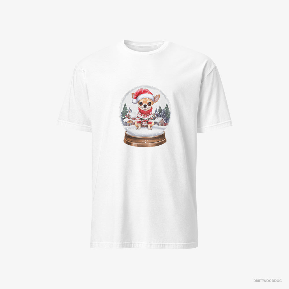 Chihuahua T-Shirt – Men White T-Shirt Classic – in a Festive Snow Globe (on White Background)