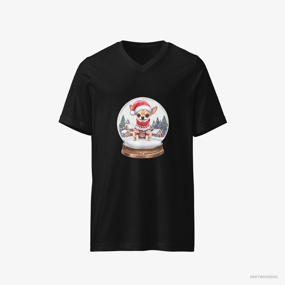 Chihuahua T-Shirt – Men Black T-Shirt V-Neck – in a Festive Snow Globe (on White Background)