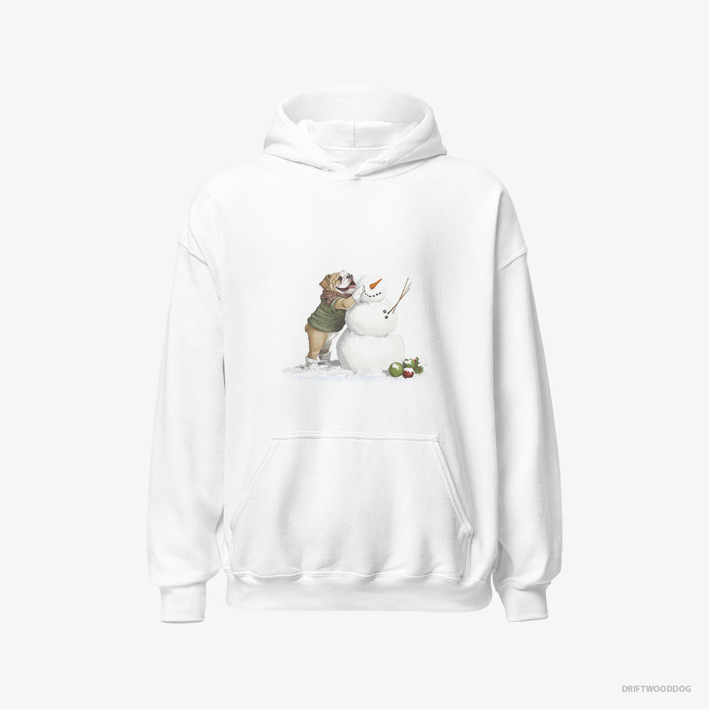 Bulldog Hoodie – Men White Hoodie Classic – Creating a Snowman (on White Background)