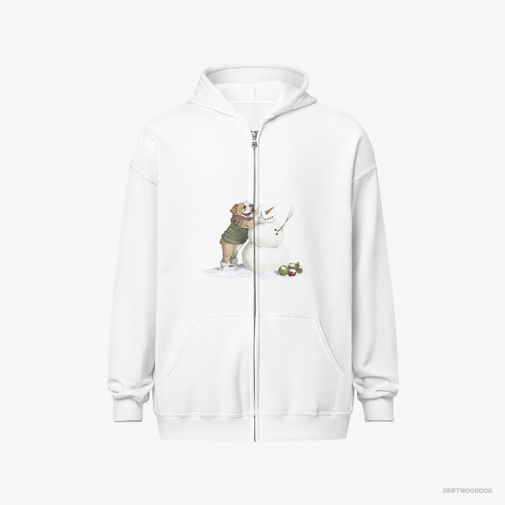 Bulldog Hoodie – Men White Hoodie Full-Zip – Creating a Snowman (on White Background)