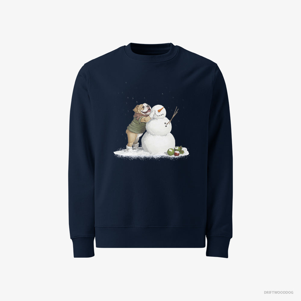 Bulldog Sweatshirt – Men Navy Sweatshirt Classic – Creating a Snowman (on White Background)