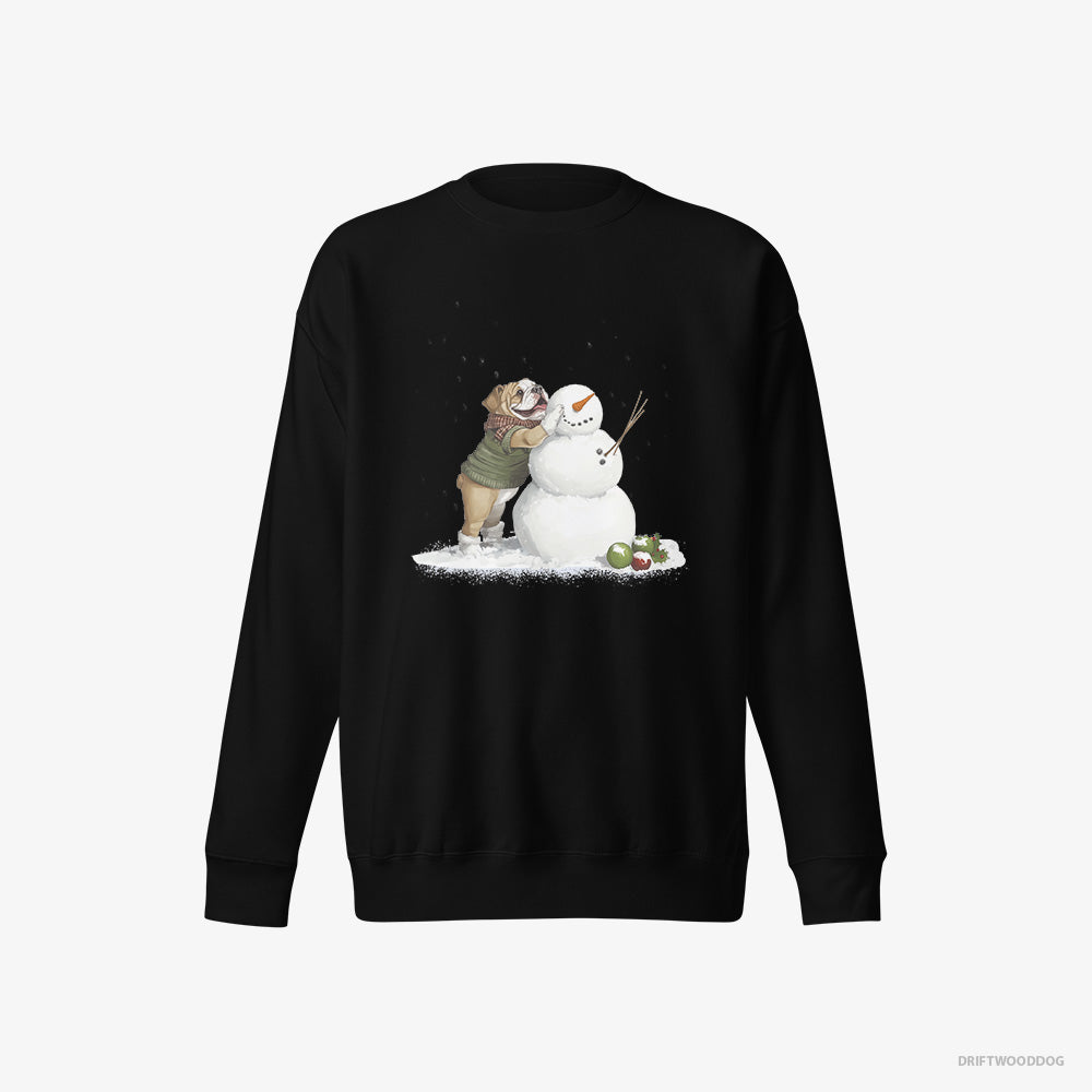 Bulldog Sweatshirt – Men Black Sweatshirt Eco-Friendly – Creating a Snowman (on White Background)