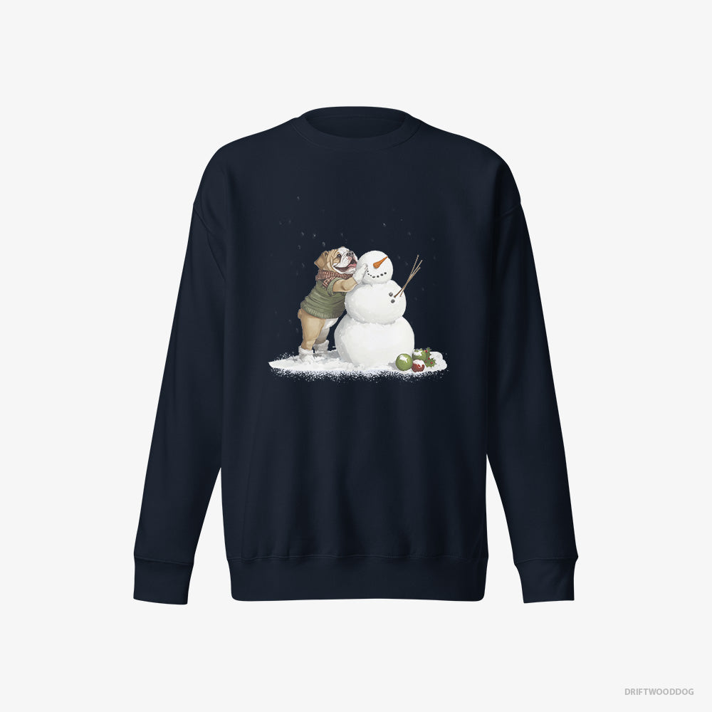 Bulldog Sweatshirt – Women Navy Sweatshirt Eco-Friendly – Creating a Snowman (on White Background)