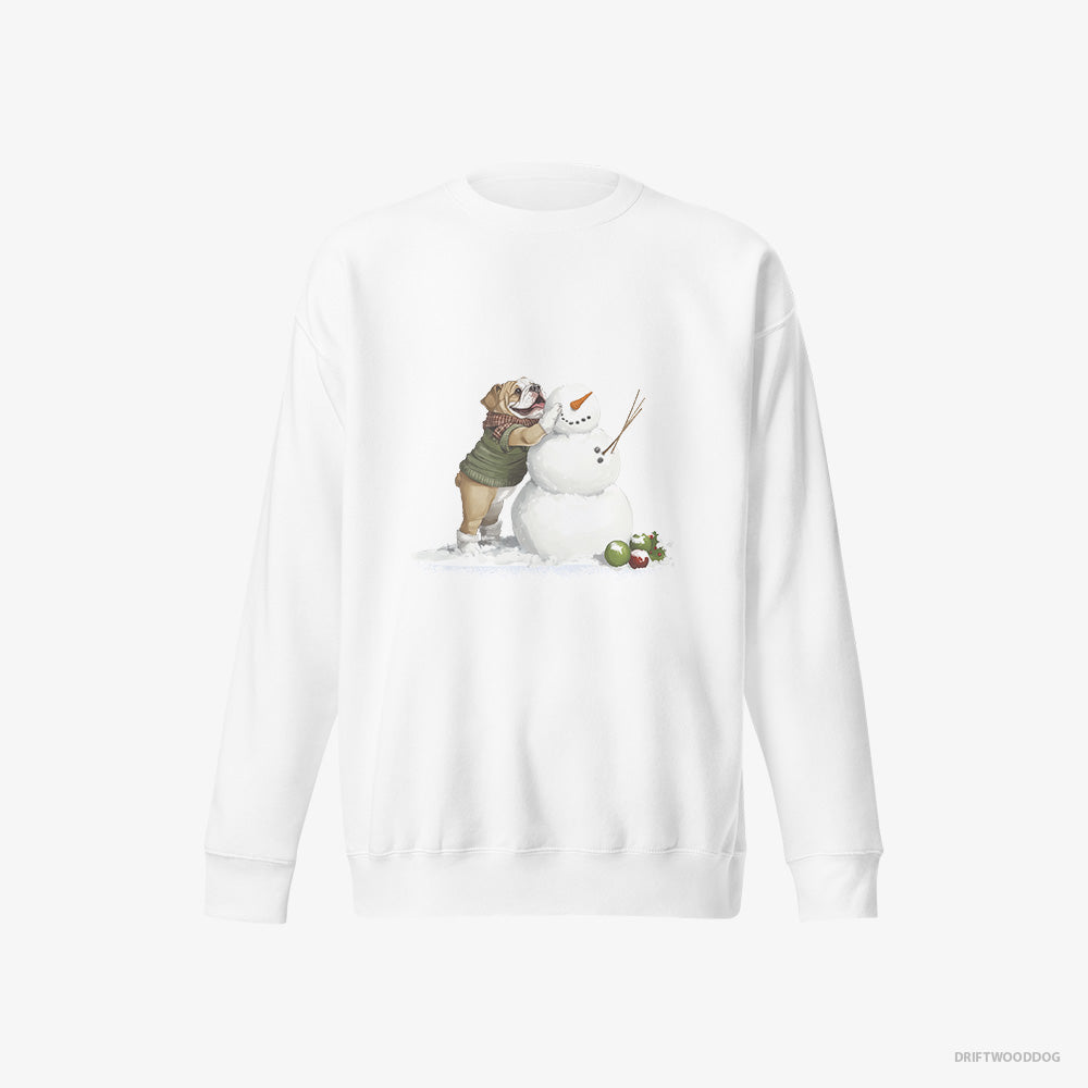 Bulldog Sweatshirt – Men White Sweatshirt Eco-Friendly – Creating a Snowman (on White Background)