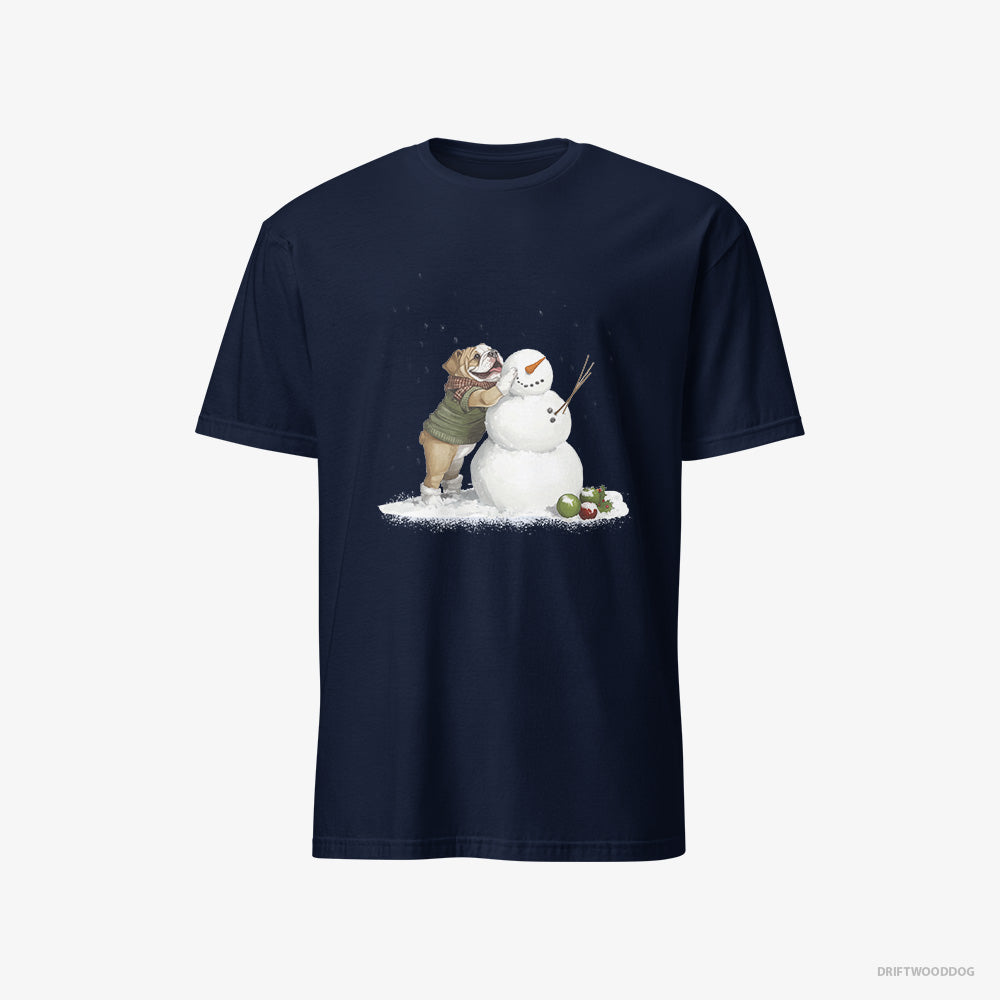 Bulldog T-Shirt – Men Navy T-Shirt Classic – Creating a Snowman (on White Background)