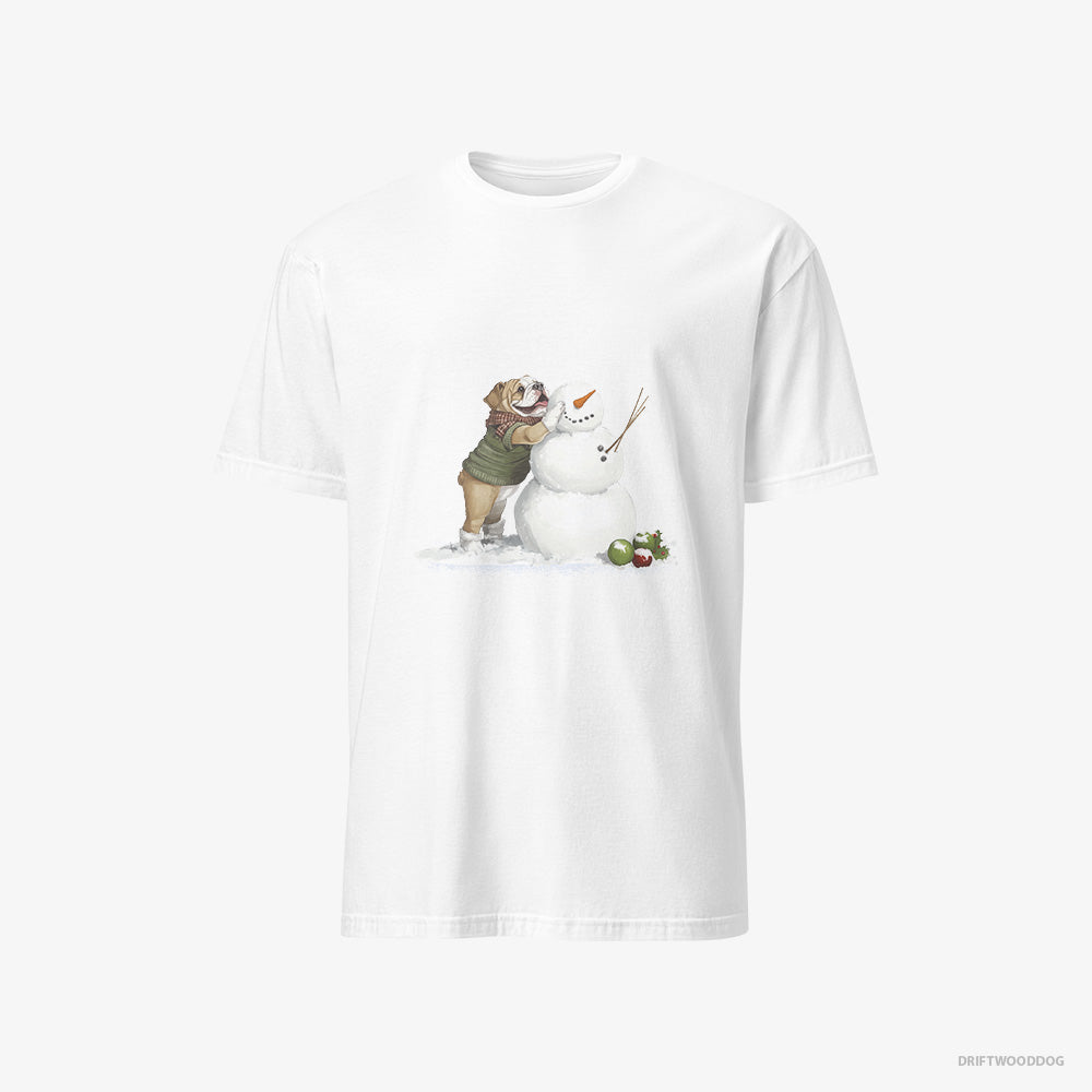 Bulldog T-Shirt – Men White T-Shirt Classic – Creating a Snowman (on White Background)