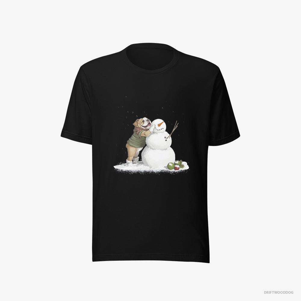 Bulldog T-Shirt – Men Black T-Shirt Eco-Friendly – Creating a Snowman (on White Background)