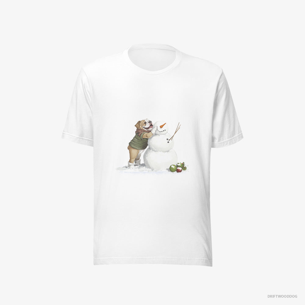 Bulldog T-Shirt – Men White T-Shirt Eco-Friendly – Creating a Snowman (on White Background)